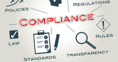 Red text of the word Compliance in the middle surrounded by icons for the terms Policies, Regulations, Law, Standards, Transparency and Rules.