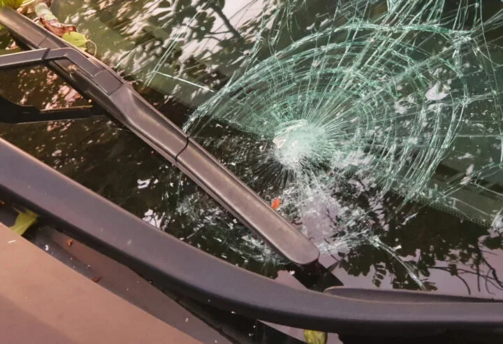 Smashed windscreen caused by huge hails.