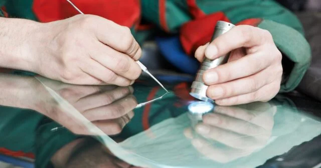 An expert worker repairing a crack in a windscreen.