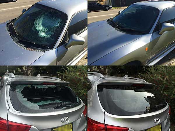 Before and after photos of front windscreen and rear window replacements