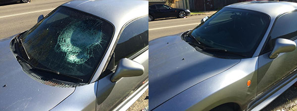 Before photo showing smashed front windscreen and after photo showing like new windscreen