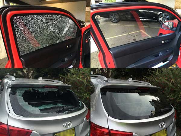 Before and after photos of side window and rear window replacements