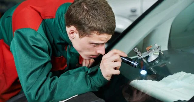 Technician inspecting damaged windscreen to perform repairs.