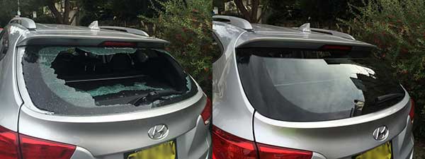 Rear windscreen before and after photos showing smashed and new windscreen