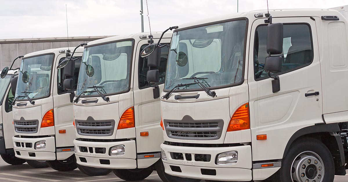 Row of trucks viewing from the side showing their side windows and front glass.