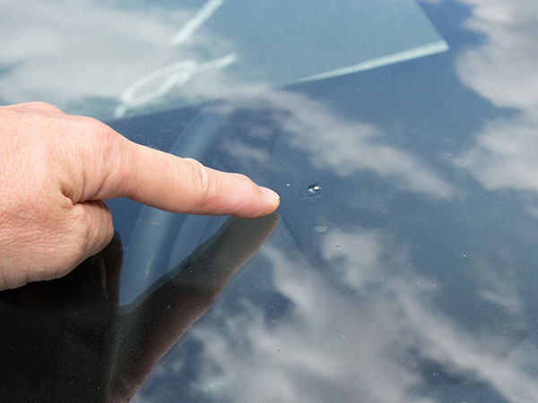 Close up of a finger pointing our a windscreen chip